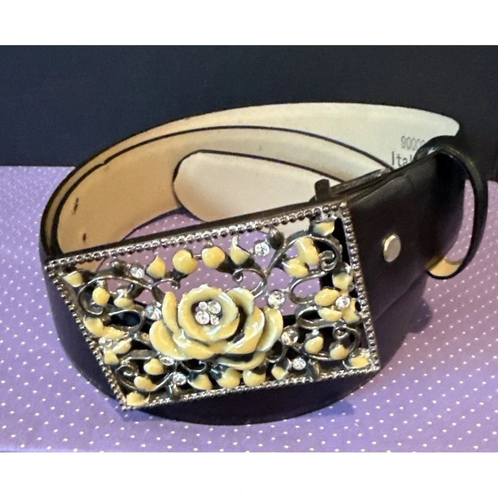 Black Italian Leather Rhinestone Enamel Floral Buckle‎ 110 CM US Large Preppy